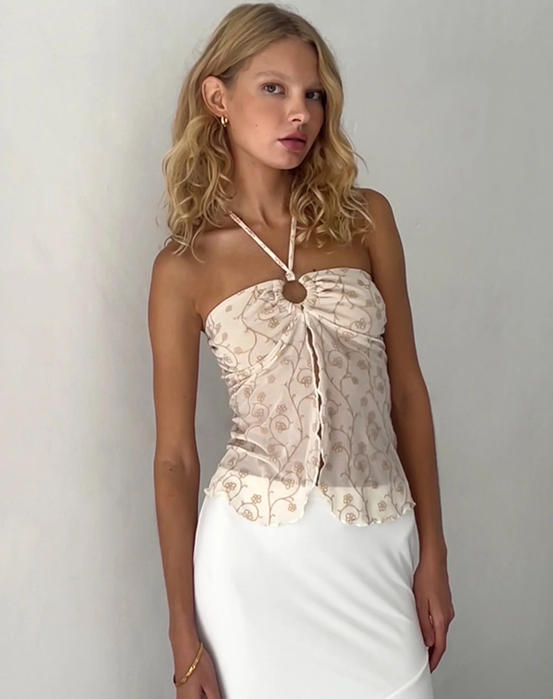 Janar Halterneck Top in Beige Dainty Floral Flock - Image 5