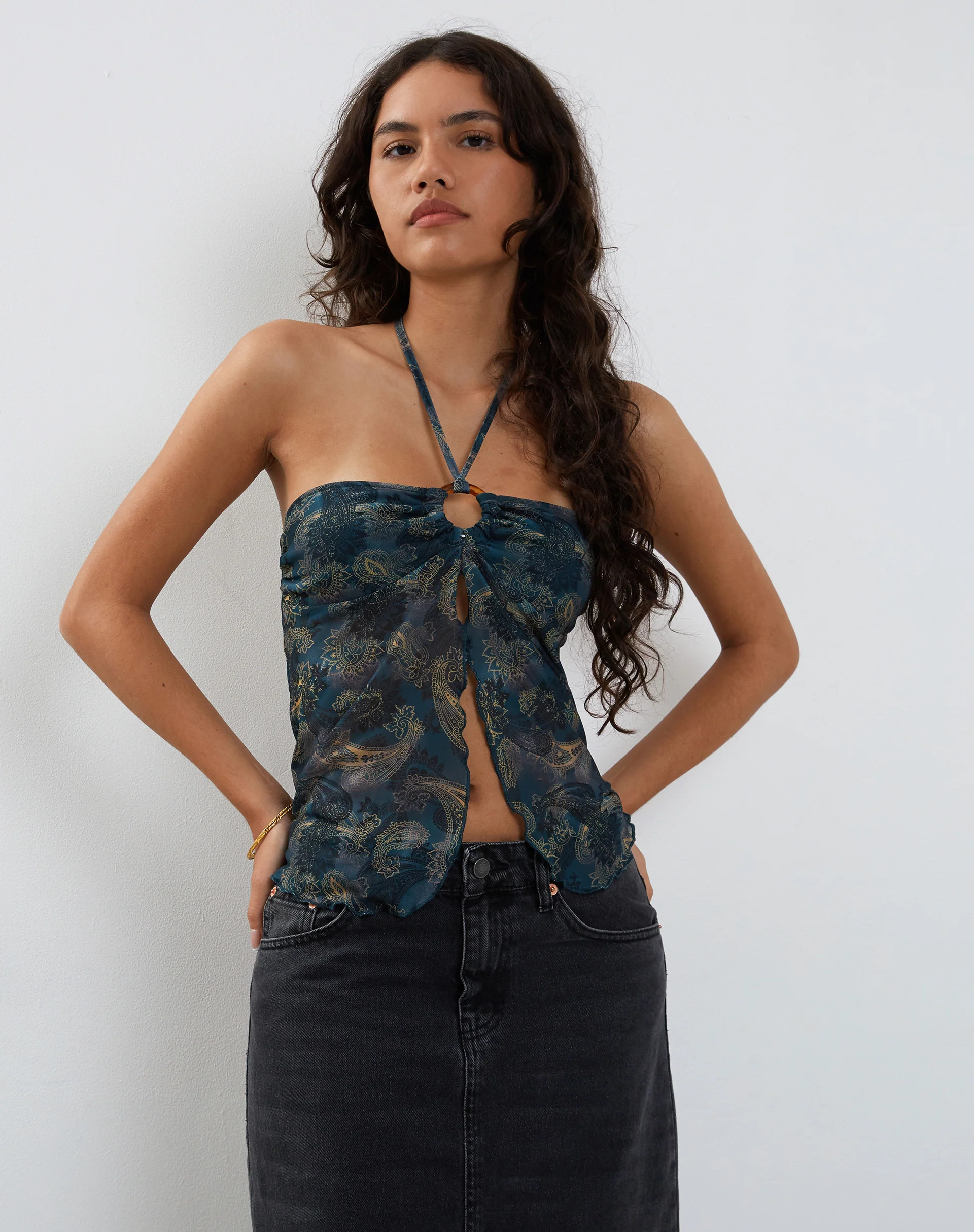 Janar Halterneck Top in Tonal Paisley Blue - Image 3