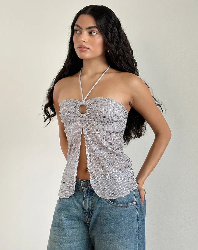 Janar Halterneck Top in Gauzy Sequin Silver - Image 4