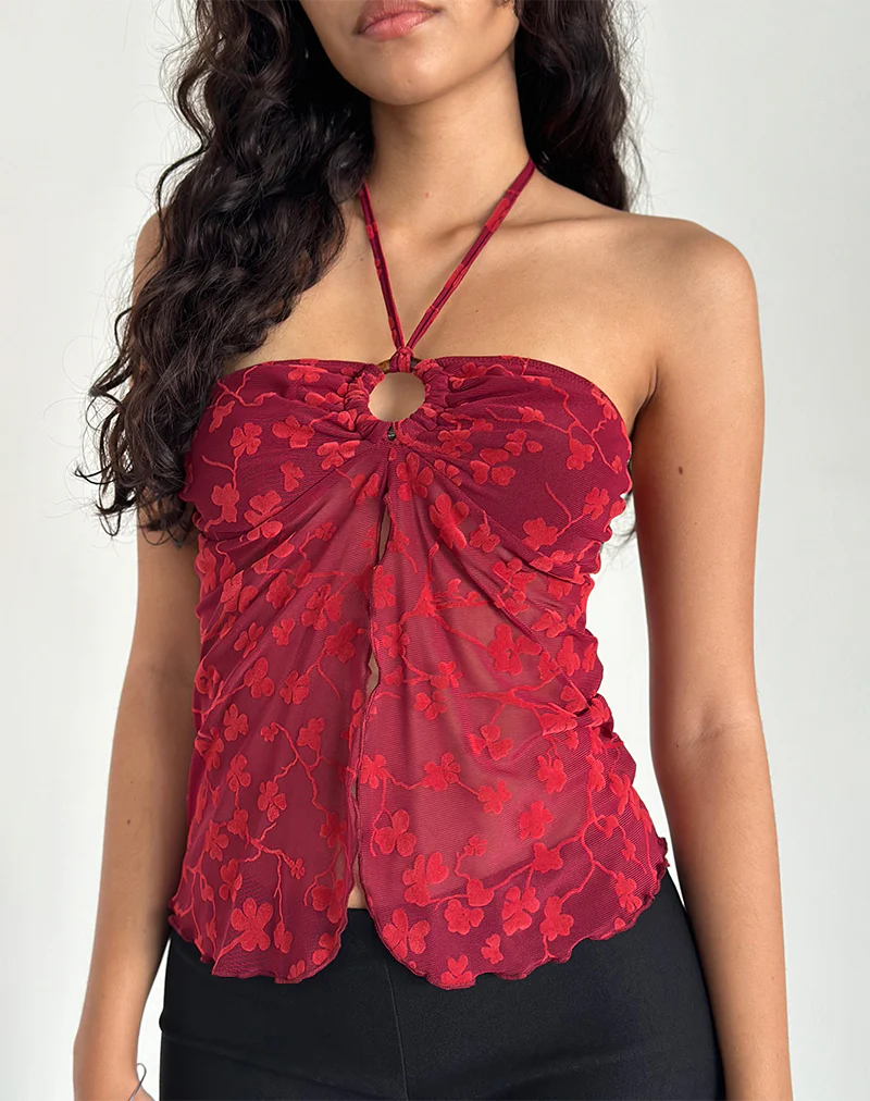 Janar Halterneck Top in Grunge Flower Flock Red - Image 3