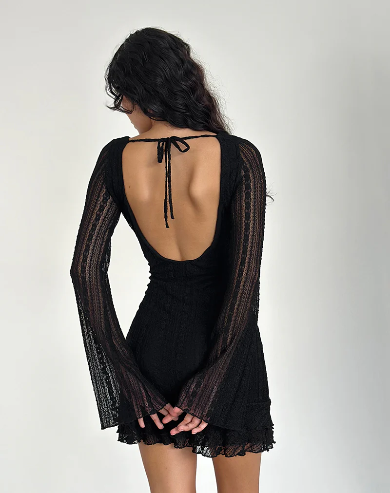 Janawa Backless Mini Dress in Lace Black - Image 2