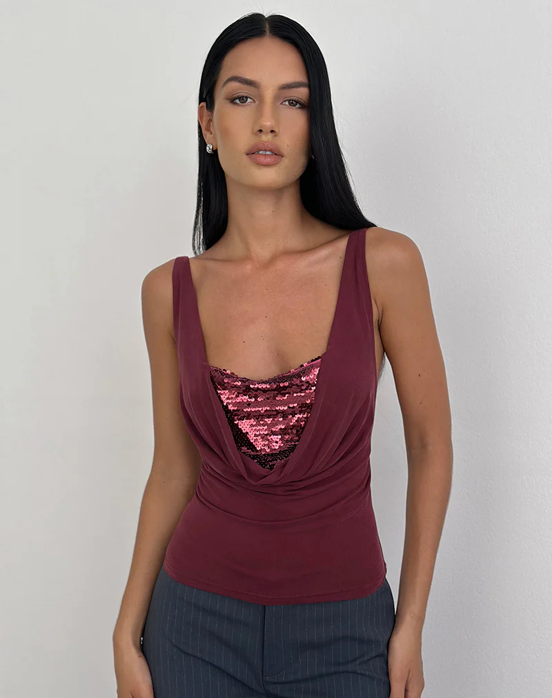 Janice Top in Sequin Jersey Burgundy - Image 4