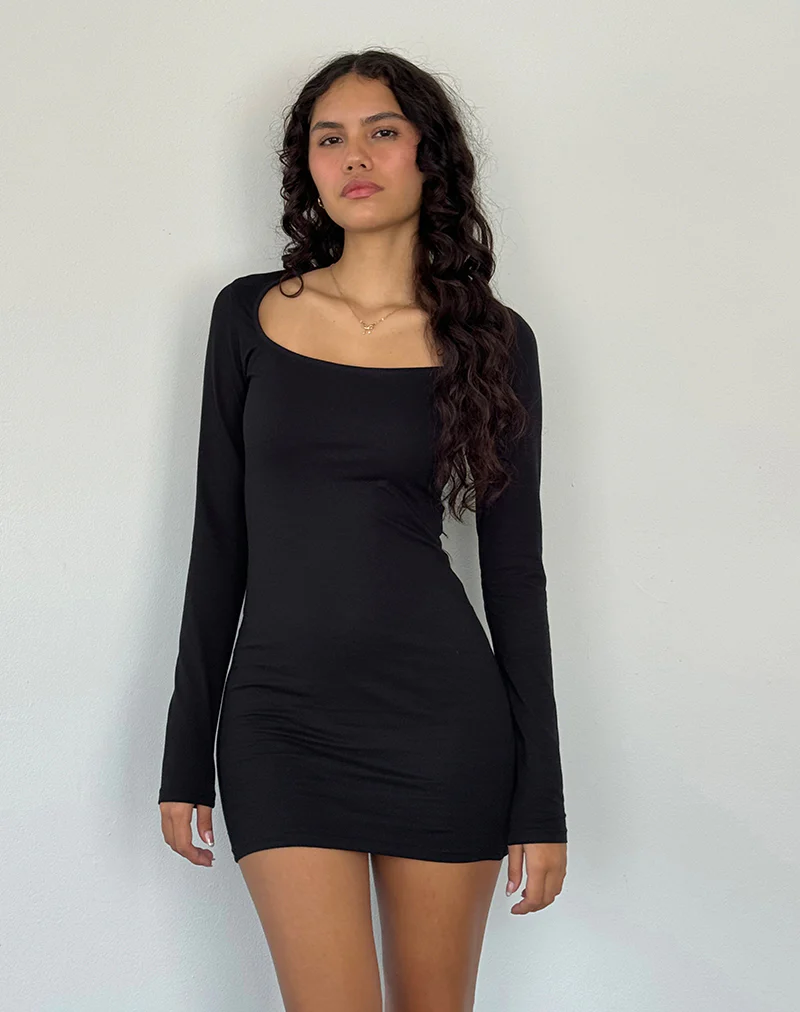 Janjisu Long Sleeve Lycra Bodycon Mini Dress in Black - Image 4