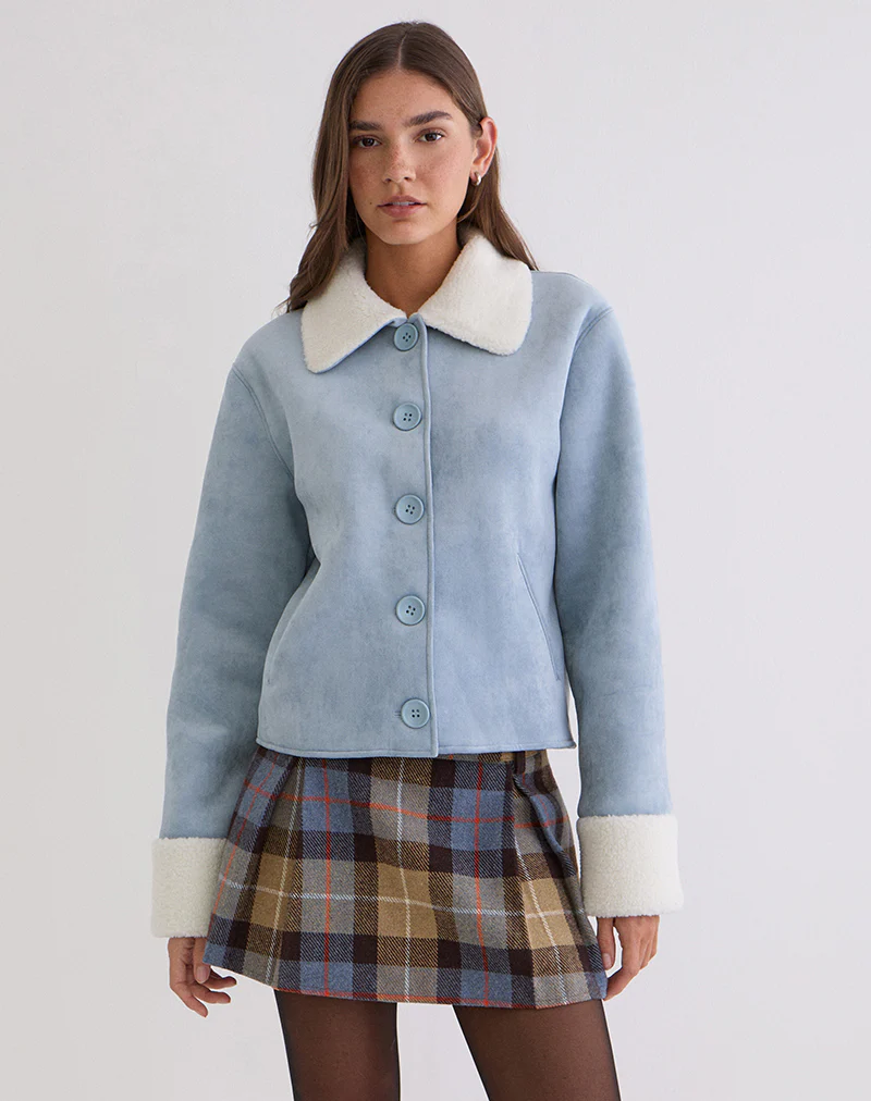 Jano Jacket in Faux Suede Blue with Borg - Image 3
