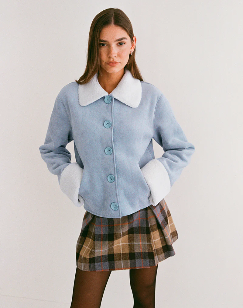 Jano Jacket in Faux Suede Blue with Borg - Image 6