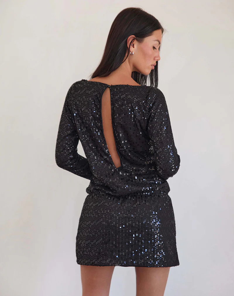 Jasilia Long Sleeve Mini Dress in Gauzy Sequin Black - Image 3