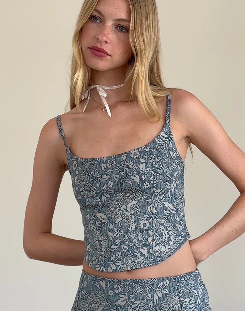 Jatemi Corset Top in Blue Ornate Print - Image 2