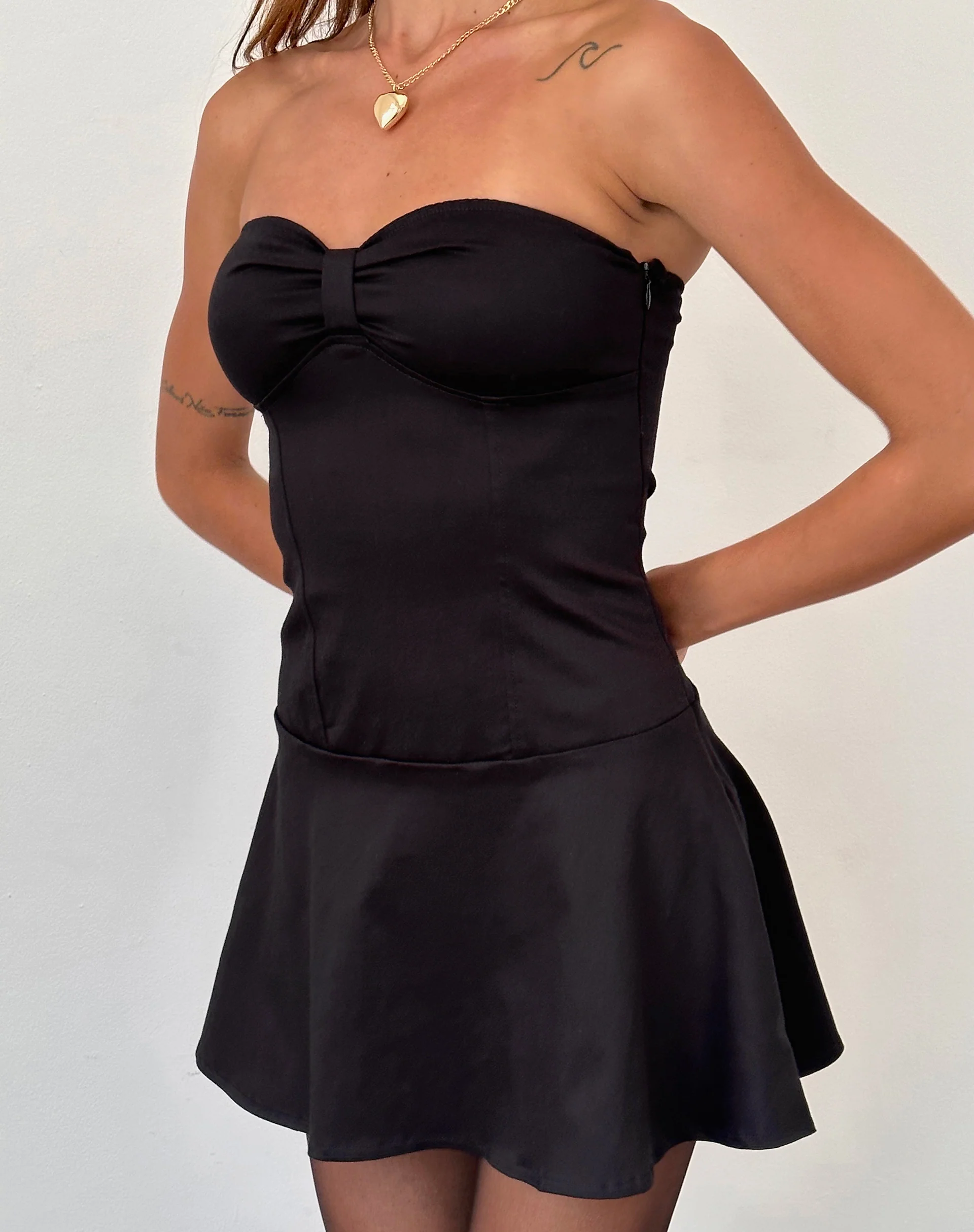 Javas Bandeau Mini Dress in Black Sateen - Image 5