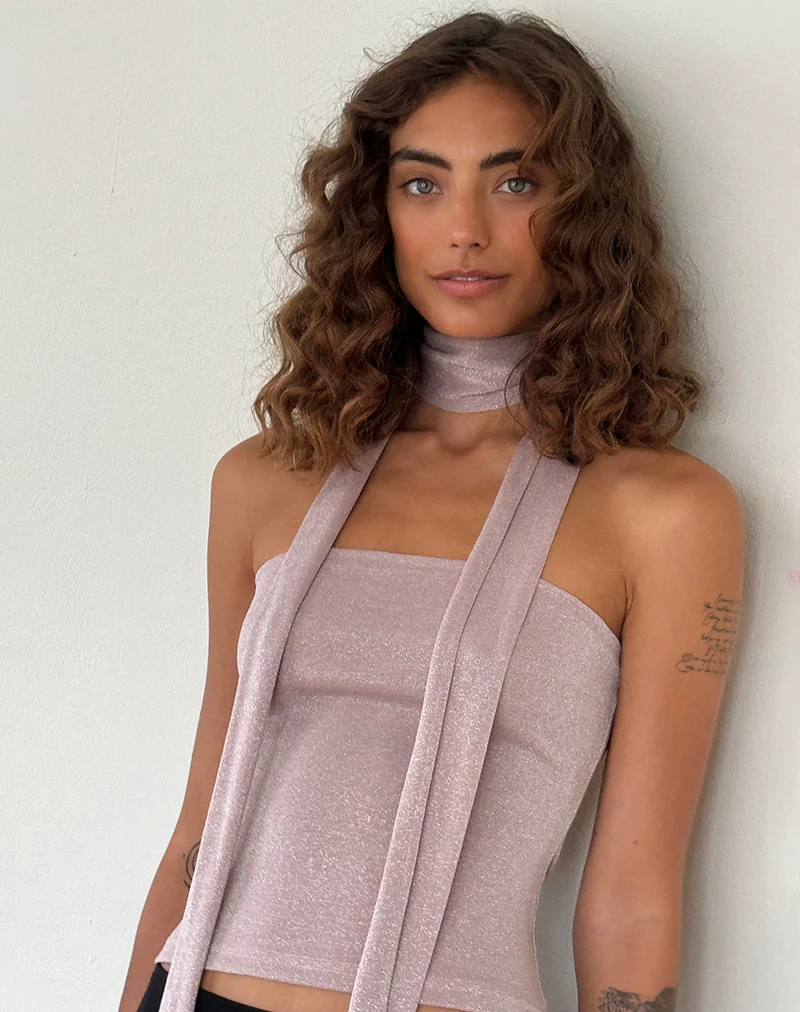 Jeldia Bandeau Top and Scarf Set in Pink Shimmer - Image 4