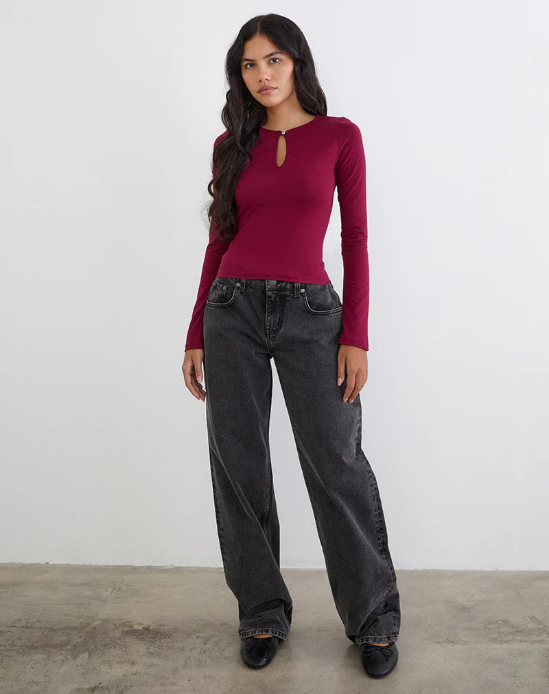 Jenji Long Sleeve Top with Pearl Button in Burgundy - Image 3