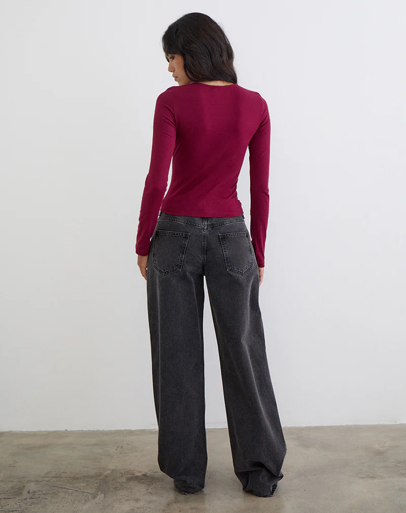 Jenji Long Sleeve Top with Pearl Button in Burgundy - Image 4