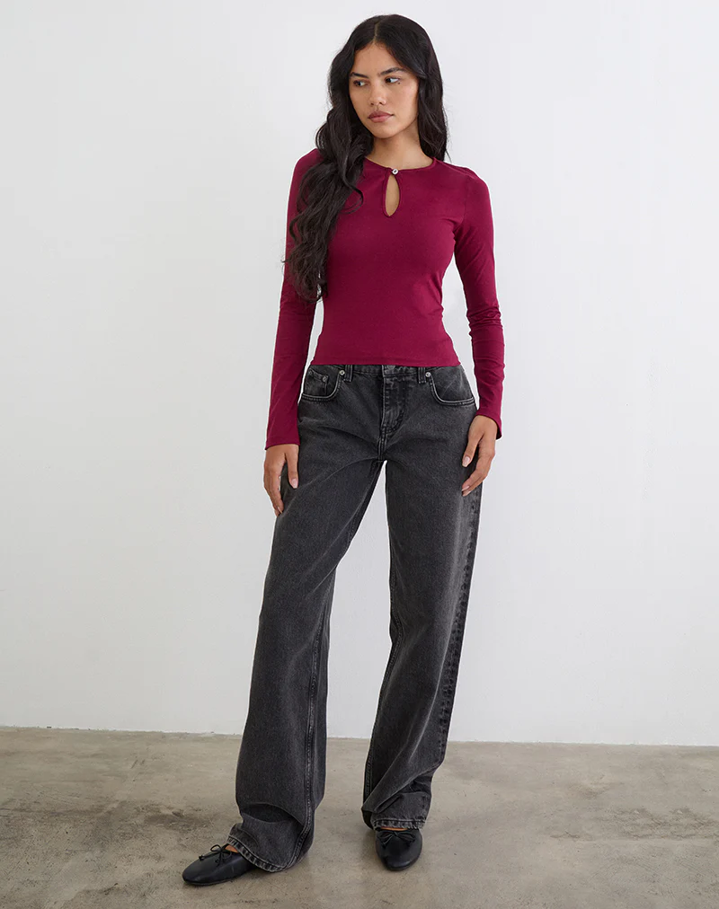 Jenji Long Sleeve Top with Pearl Button in Burgundy - Image 5