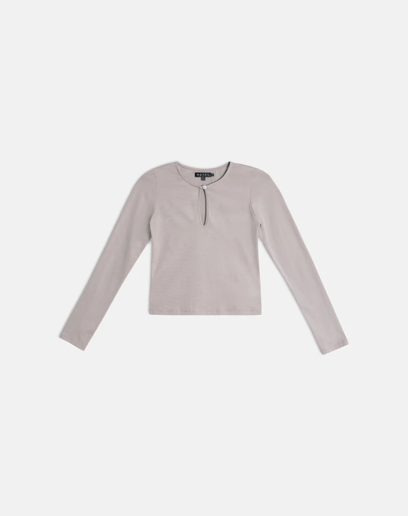 Jenji Long Sleeve Top with Pearl Button in Moon Rock - Image 5