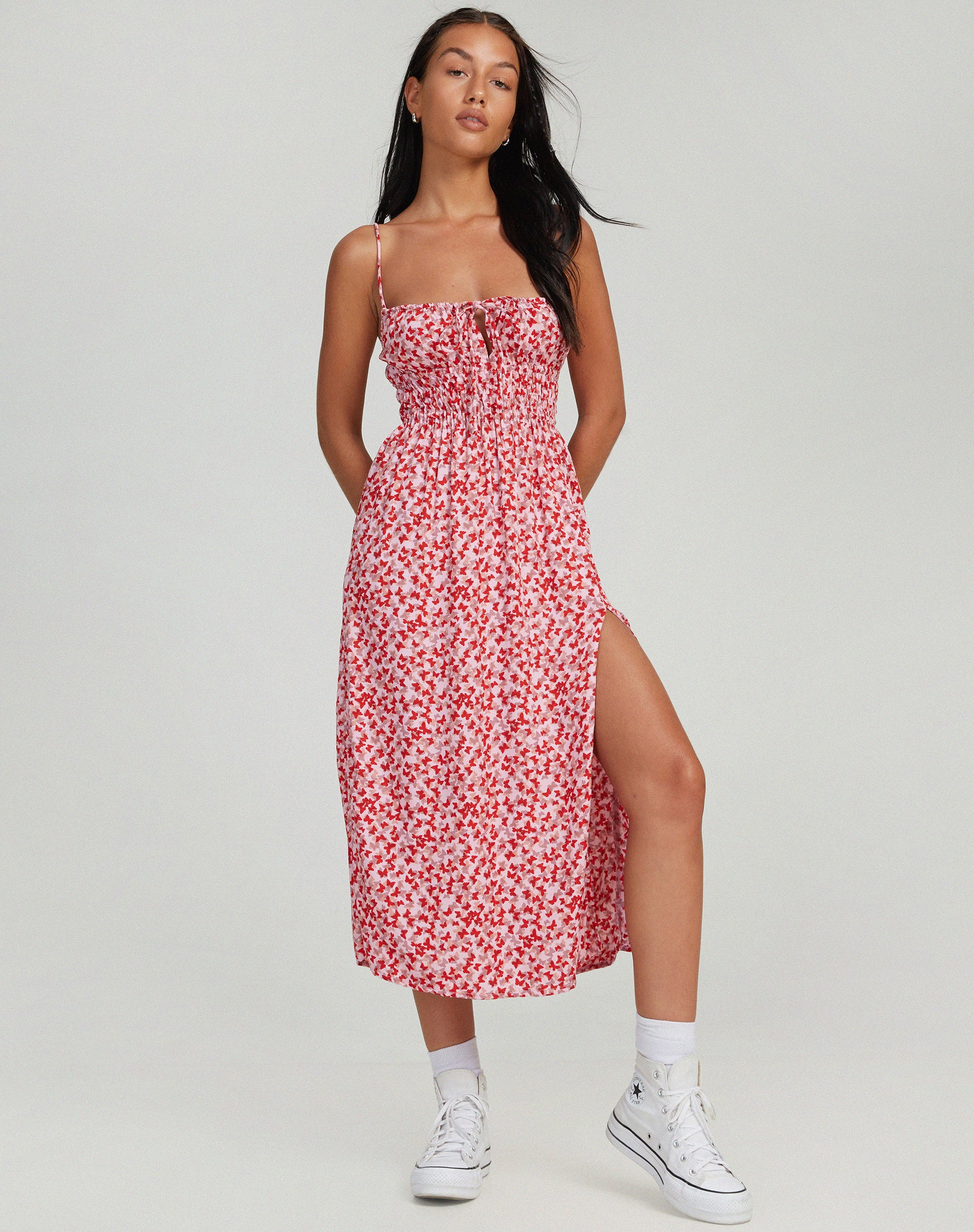 Jeyro Midi Dress in Ditsy Butterfly Peach and Red - Image 3