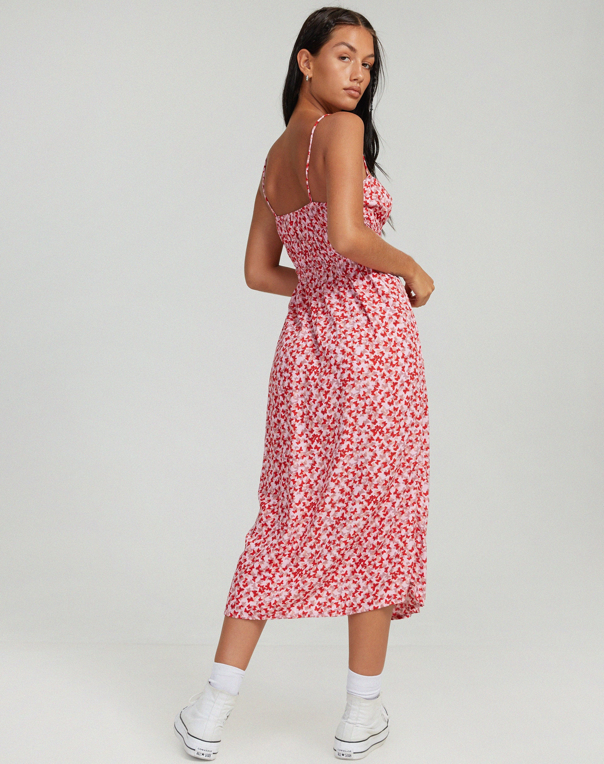 Jeyro Midi Dress in Ditsy Butterfly Peach and Red - Image 4