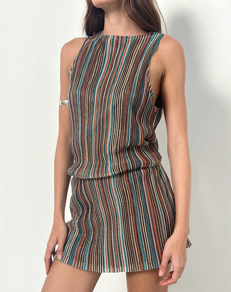 Jhani Mini Dress in Shimmer Plisse Blue and Brown - Image 4