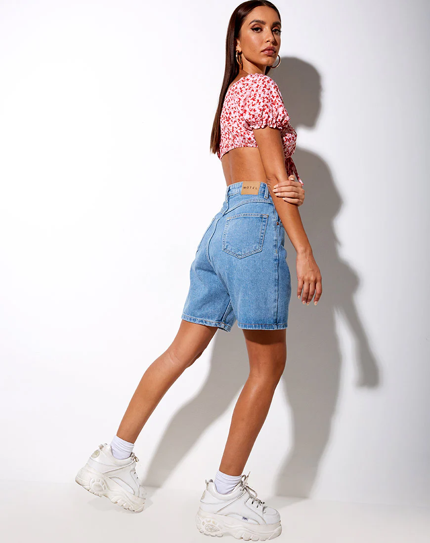 Jiha Crop Top in Ditsy Butterfly Peach and Red - Image 4