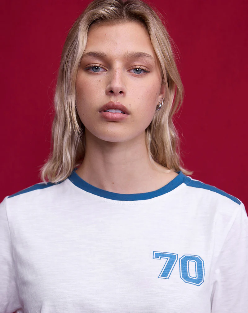 Jihan Top in Off White with Mediterranean Blue Binding - Image 2