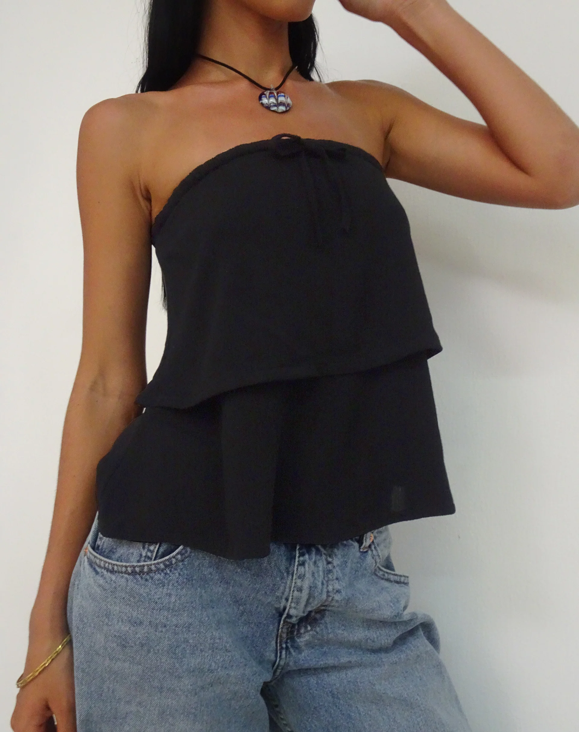 Jimin Layered Bandeau Top in Crinkle Black - Image 2