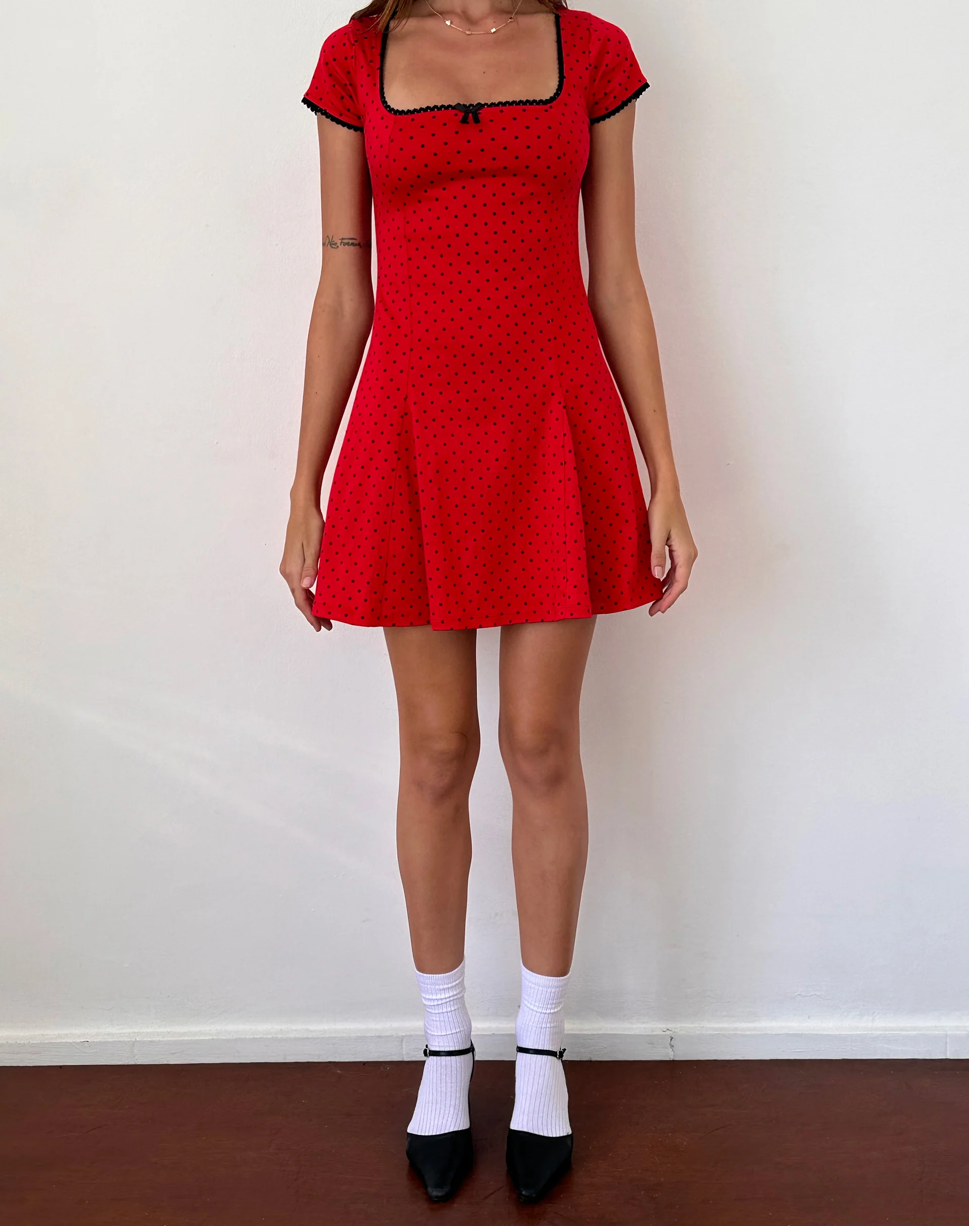 Jinae Pleat Detail Mini Dress in Red Polka Sateen - Image 2