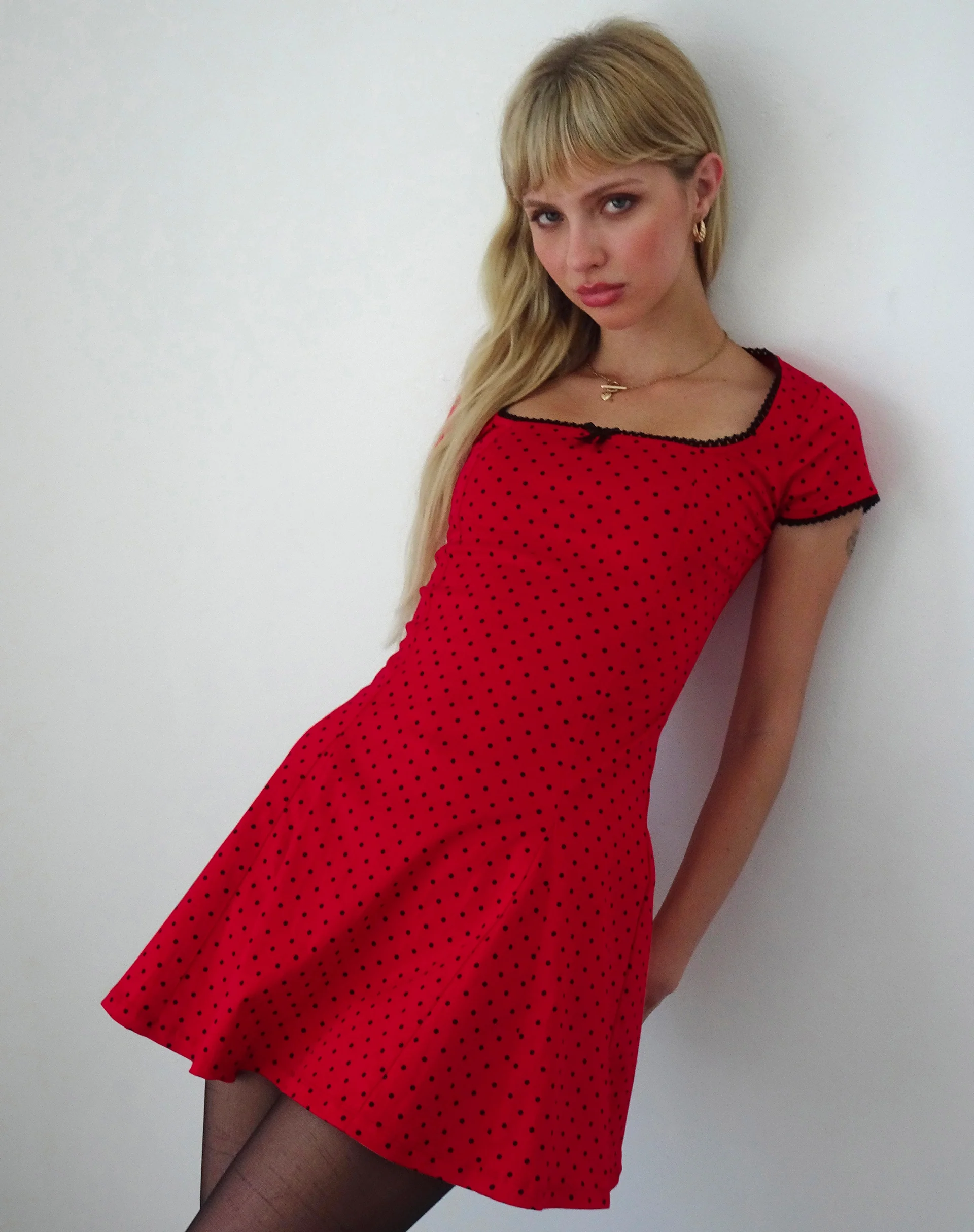 Jinae Pleat Detail Mini Dress in Red Polka Sateen - Image 3