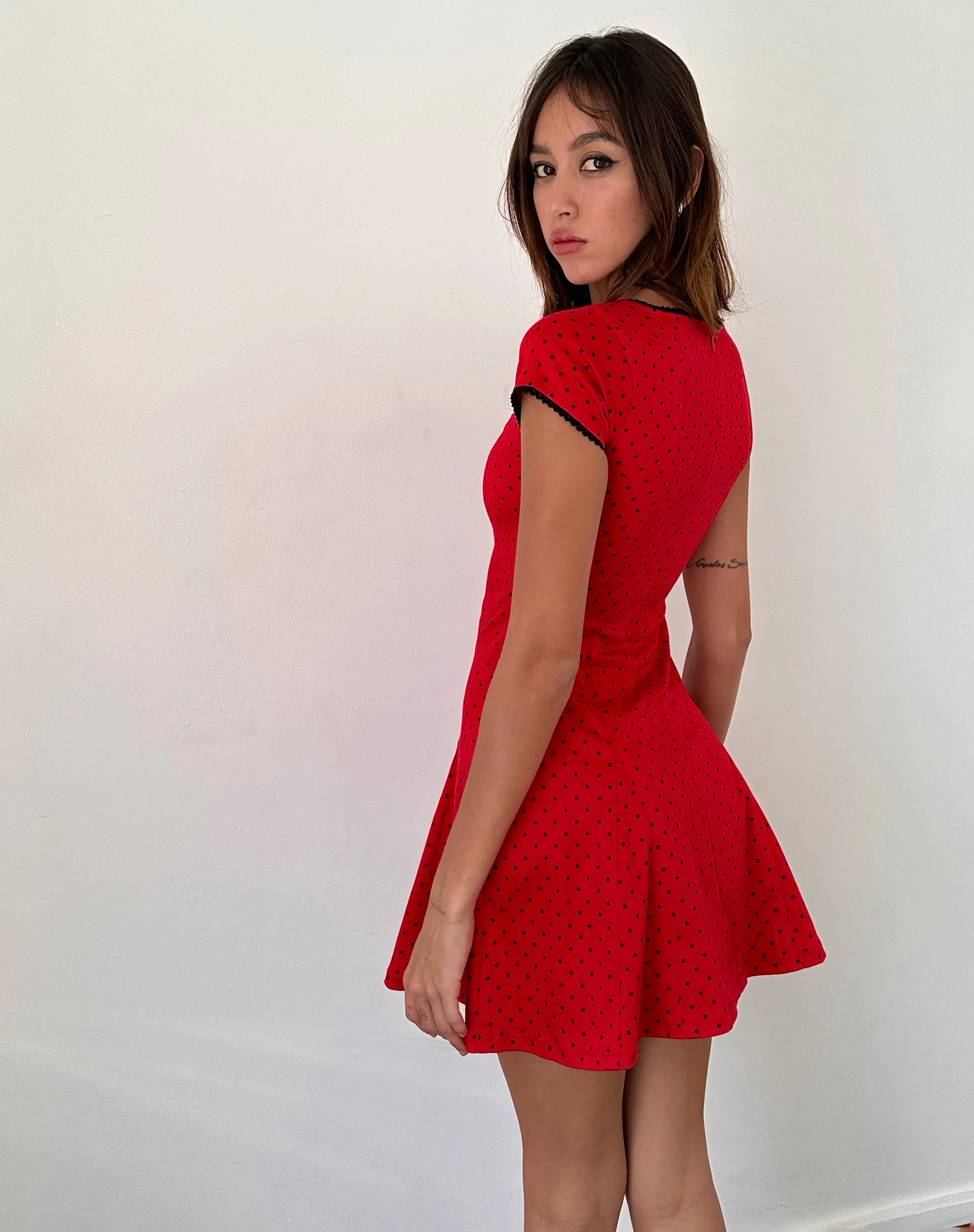 Jinae Pleat Detail Mini Dress in Red Polka Sateen - Image 5