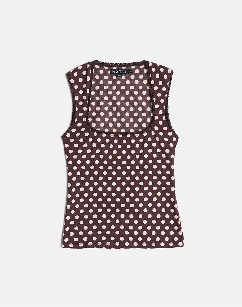 Jinalo Sweetheart Top in Brown with Small Cream Polka Prints - Image 5