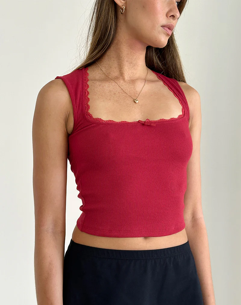 Jinila Top In Adrenaline Red With Lace Trim And Bow - Image 2