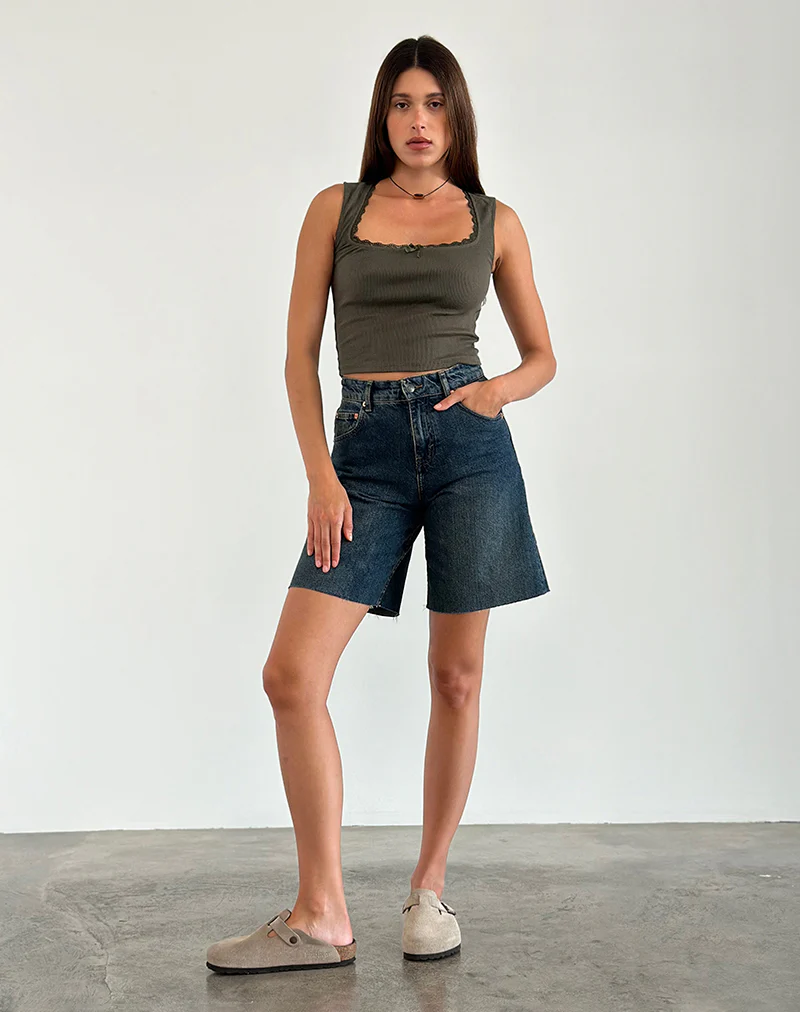 Jinila Top in Olive with Lace Trim and Bow - Image 2