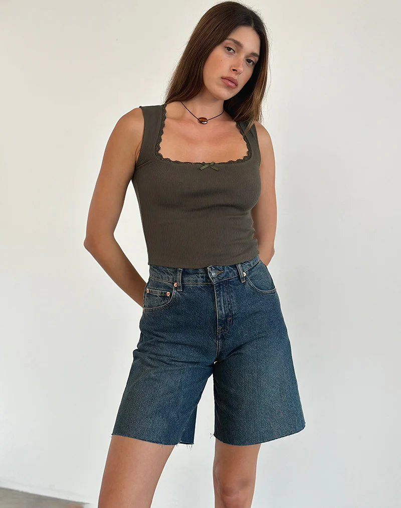 Jinila Top in Olive with Lace Trim and Bow - Image 4