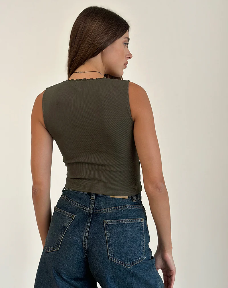 Jinila Top in Olive with Lace Trim and Bow - Image 5