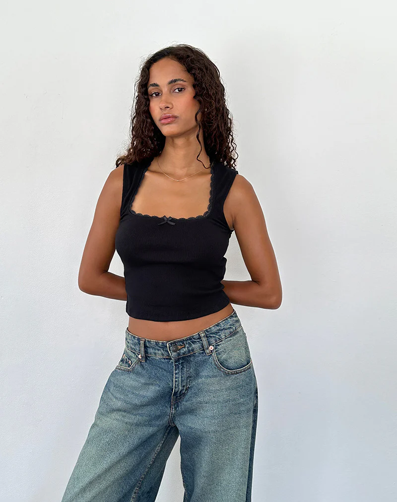 Jinila Top in Black with Lace Trim and Bow - Image 3