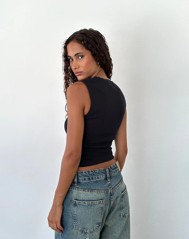 Jinila Top in Black with Lace Trim and Bow - Image 4