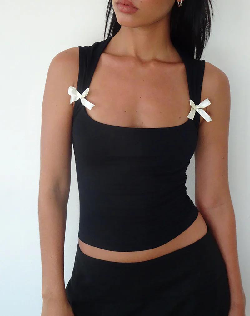 Jiniso Crop Top in Black with Ivory Bows - Image 4