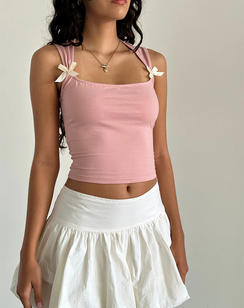 Jiniso Crop Top in Pink Lady with Ivory Bows - Image 2