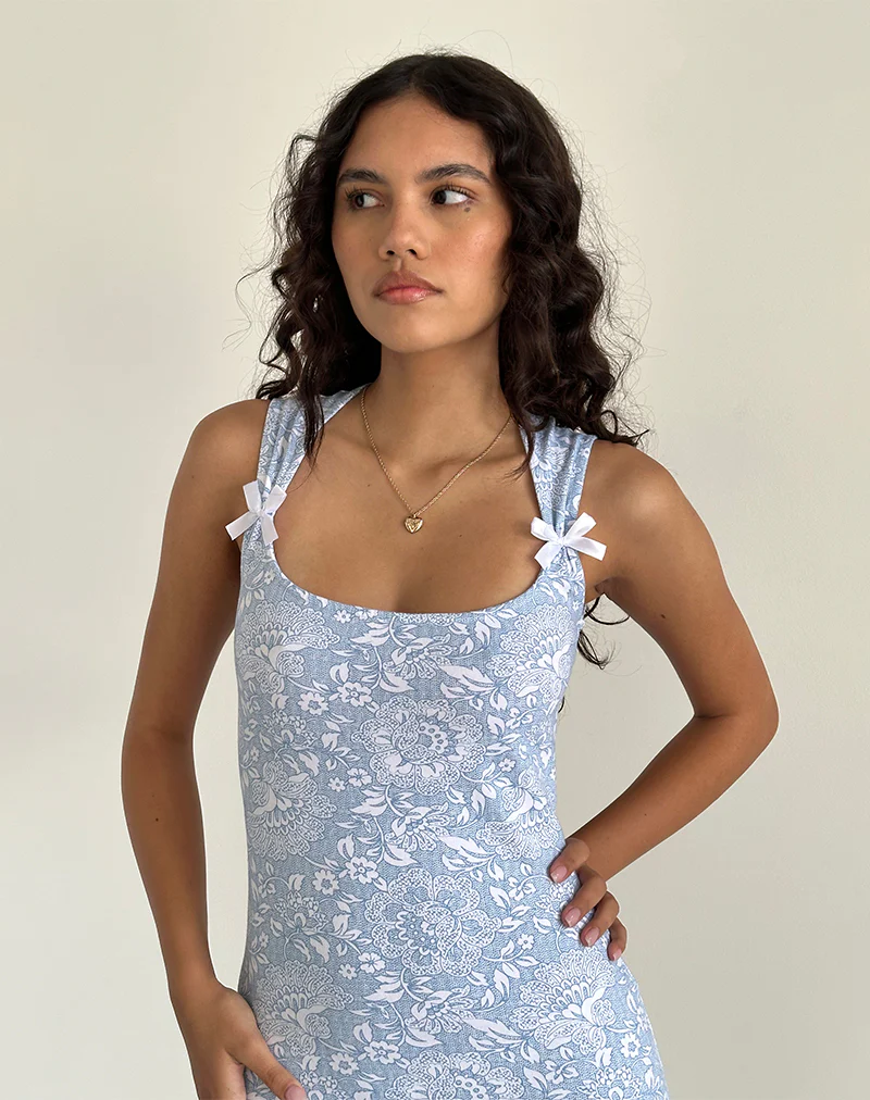 Jinsuni Mini Dress in White Ornate Print Lycra - Image 5