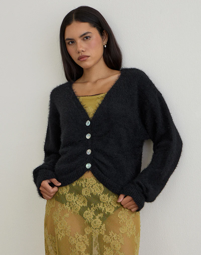 Jiyo Gathered Cardigan in Knit Black