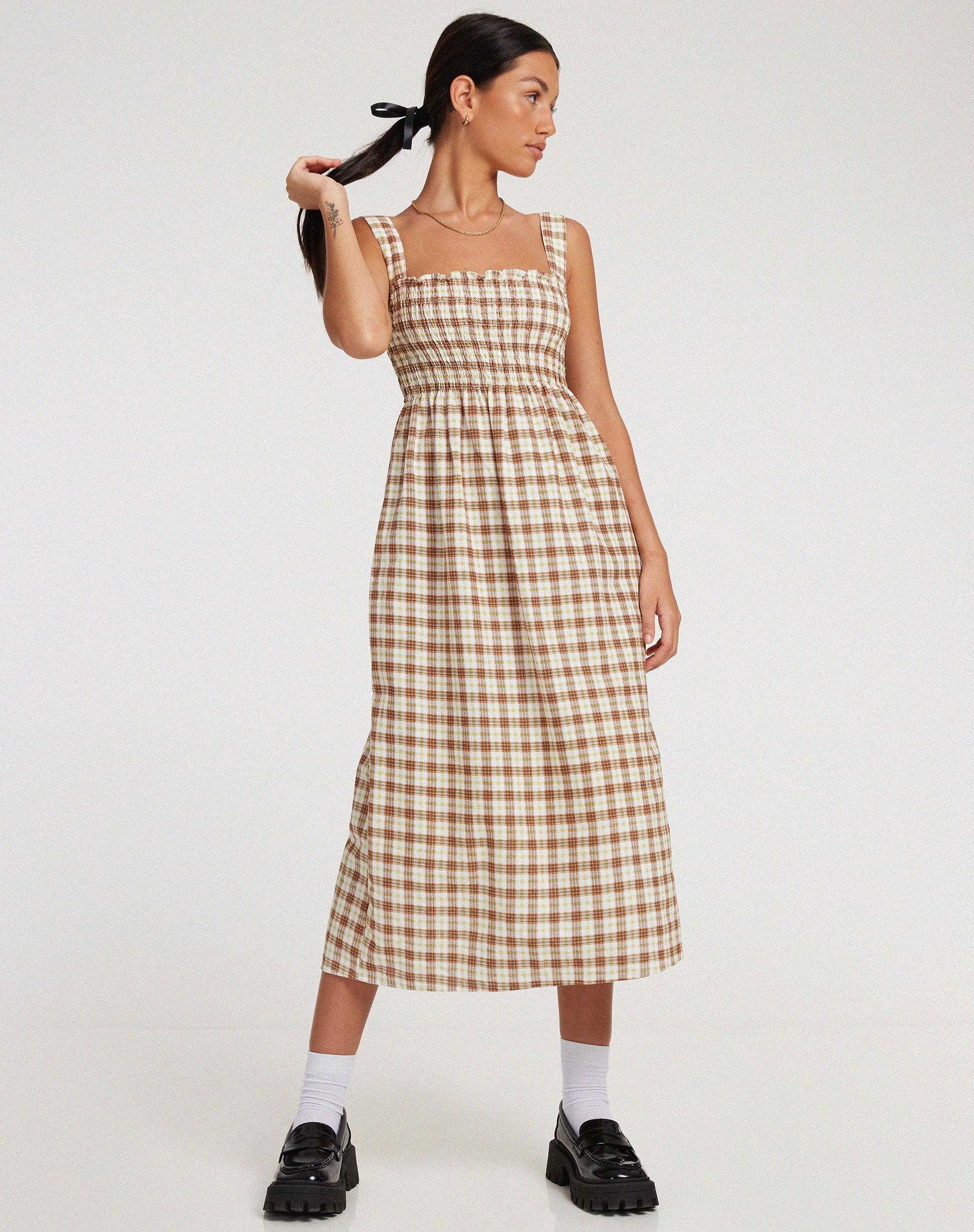 Jocasta Midi Dress in Yellow and Brown Check - Image 3