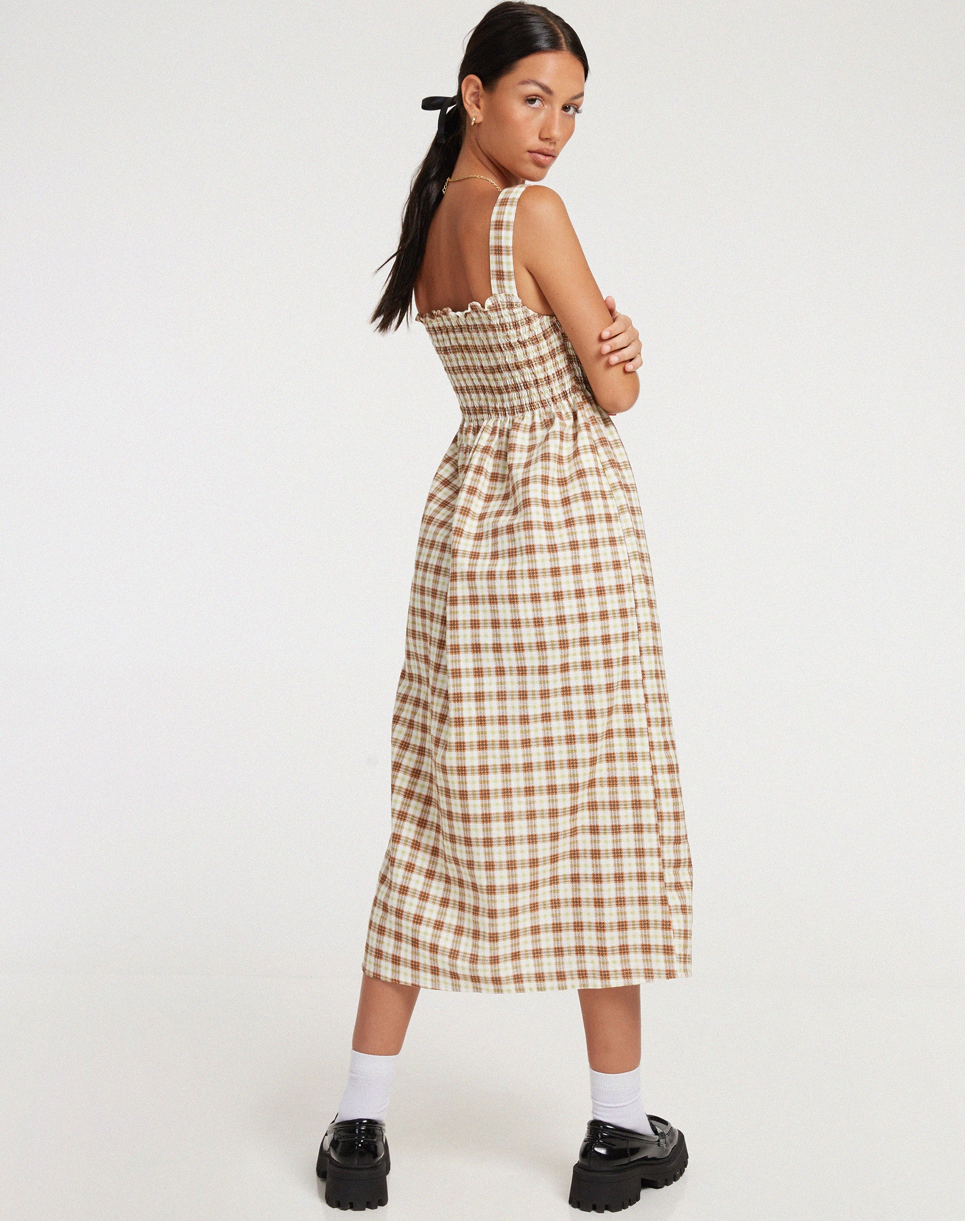 Jocasta Midi Dress in Yellow and Brown Check - Image 4