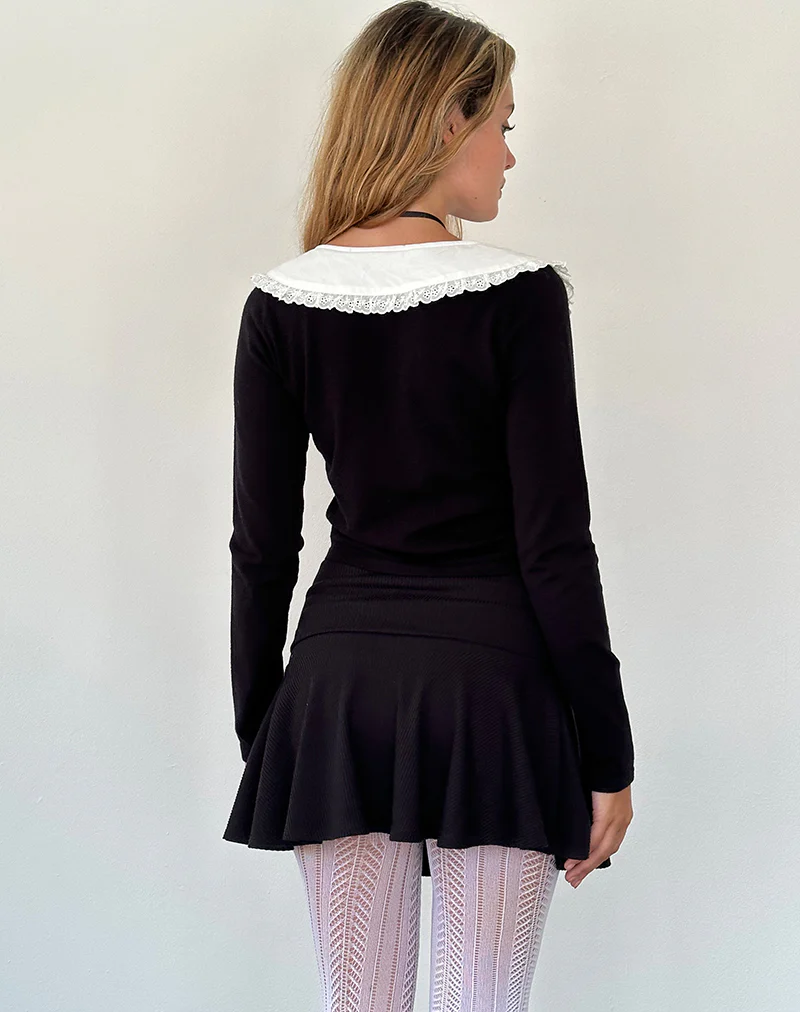 Jodine Knitted Cardigan in Black with White Frill - Image 5