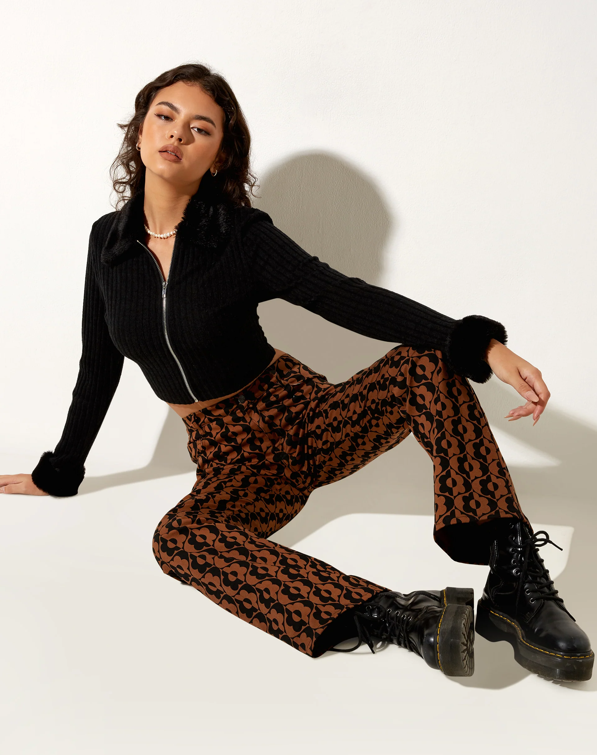 Jopan Flare Trouser in Wavy Flower Brown - Image 3