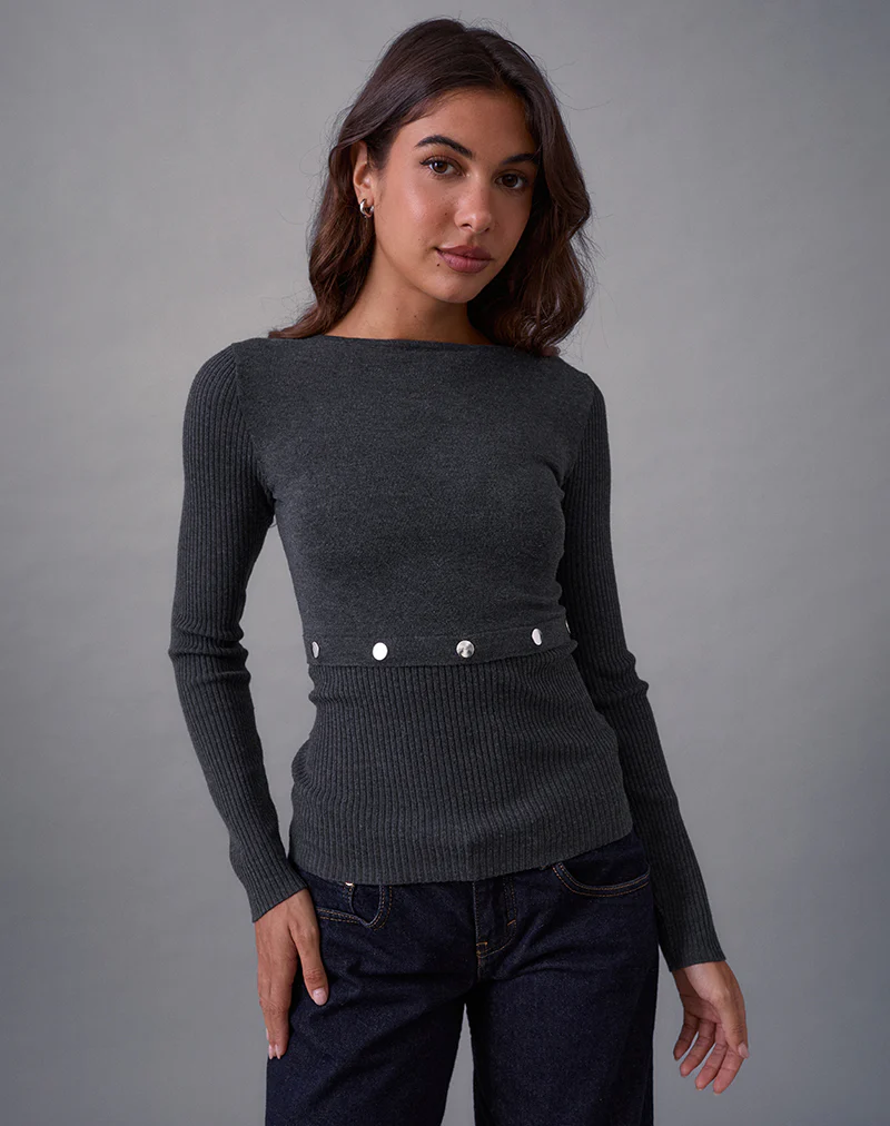Josa Long Sleeve Knit Top in Dark Charcoal with Studs - Image 2