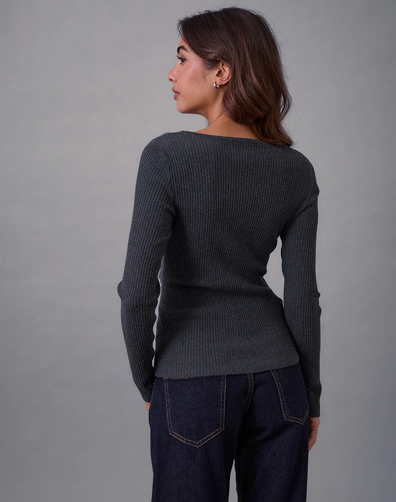 Josa Long Sleeve Knit Top in Dark Charcoal with Studs - Image 4