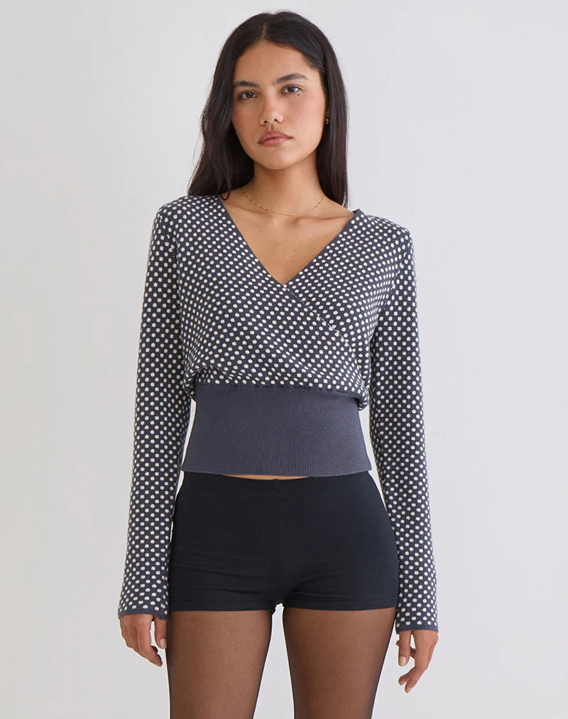 Josina Top in Knit Compact Polka Grey and Ivory - Image 3