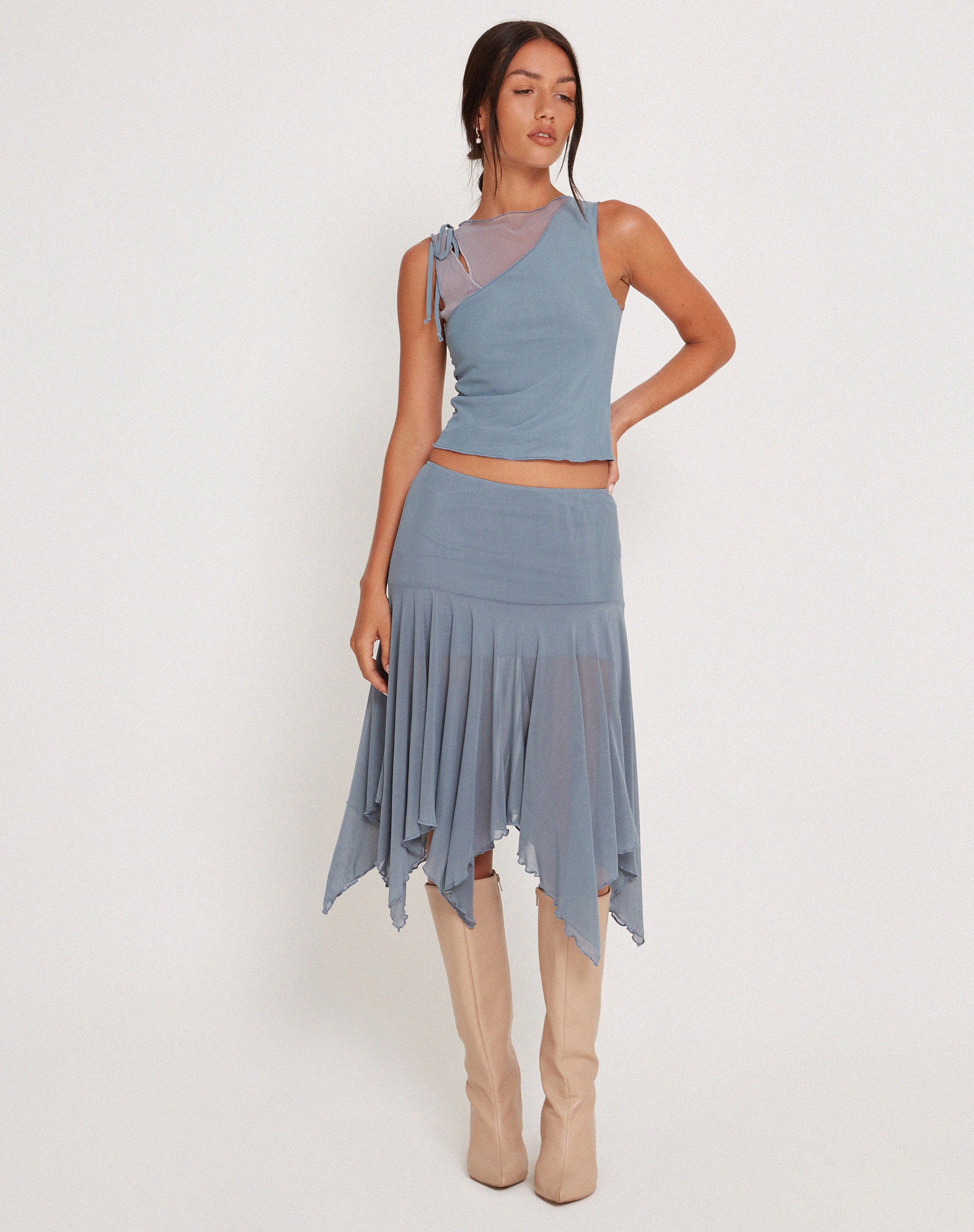Jovali Low Waist Midi Skirt in Blue Grey Mesh - Image 5