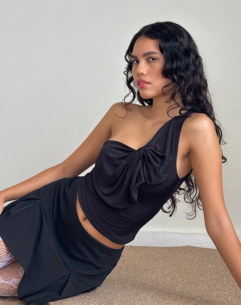Jovie One Shoulder Slinky Bow Top in Black - Image 3