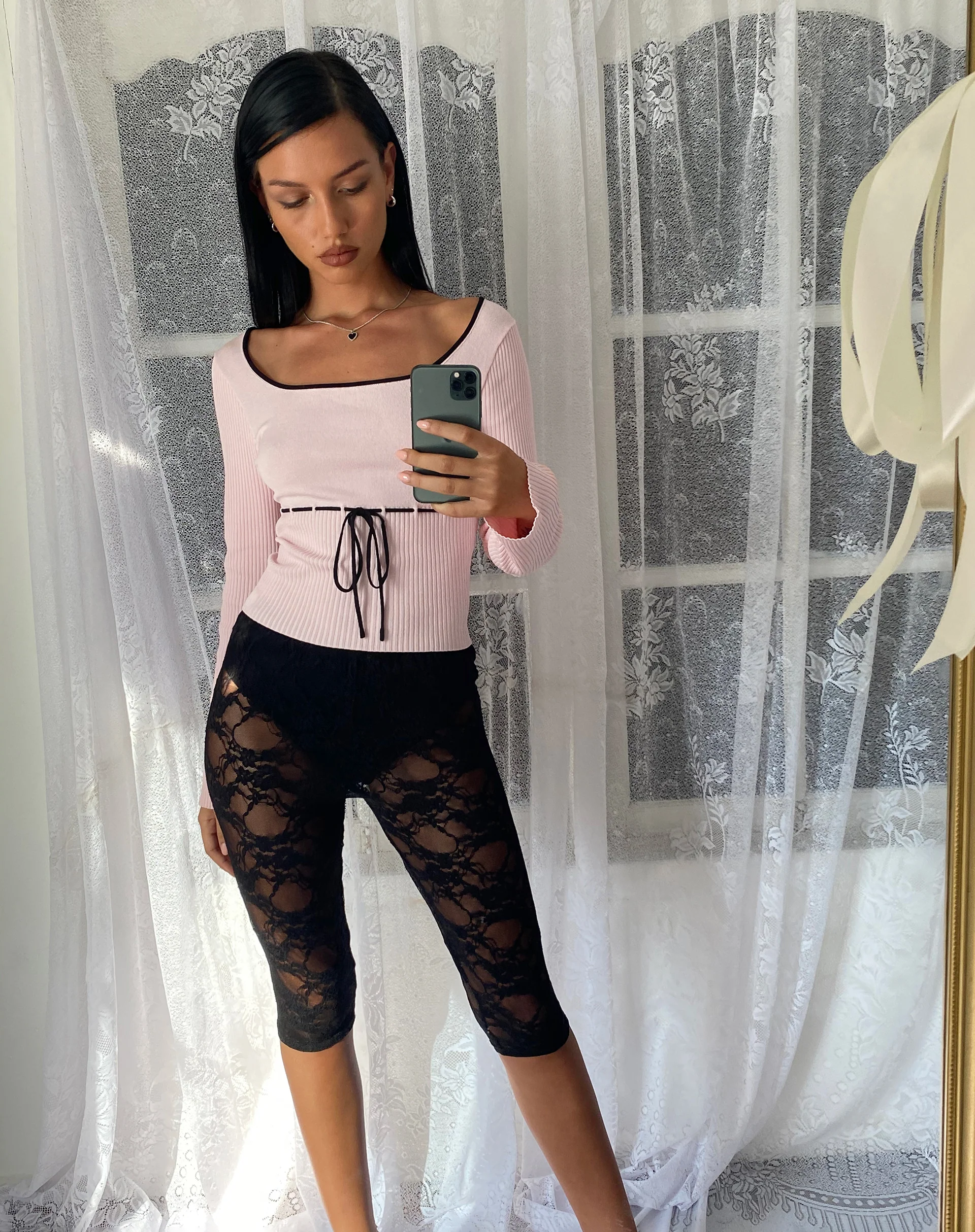 Juhye Knitted Long Sleeve Top in Blush Pink with Black Binding - Image 5
