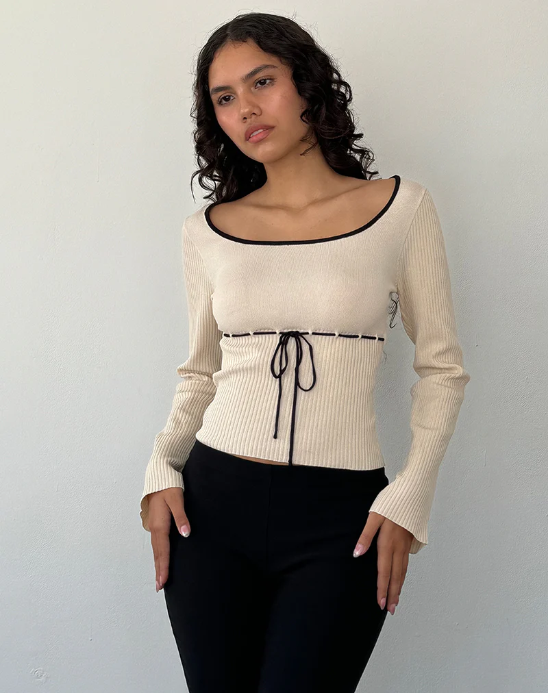 Juhye Knitted Long Sleeve Top in Beige with Black Binding - Image 2