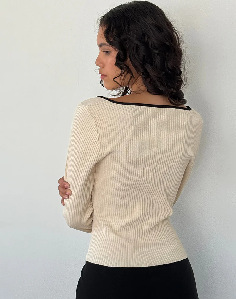 Juhye Knitted Long Sleeve Top in Beige with Black Binding - Image 5