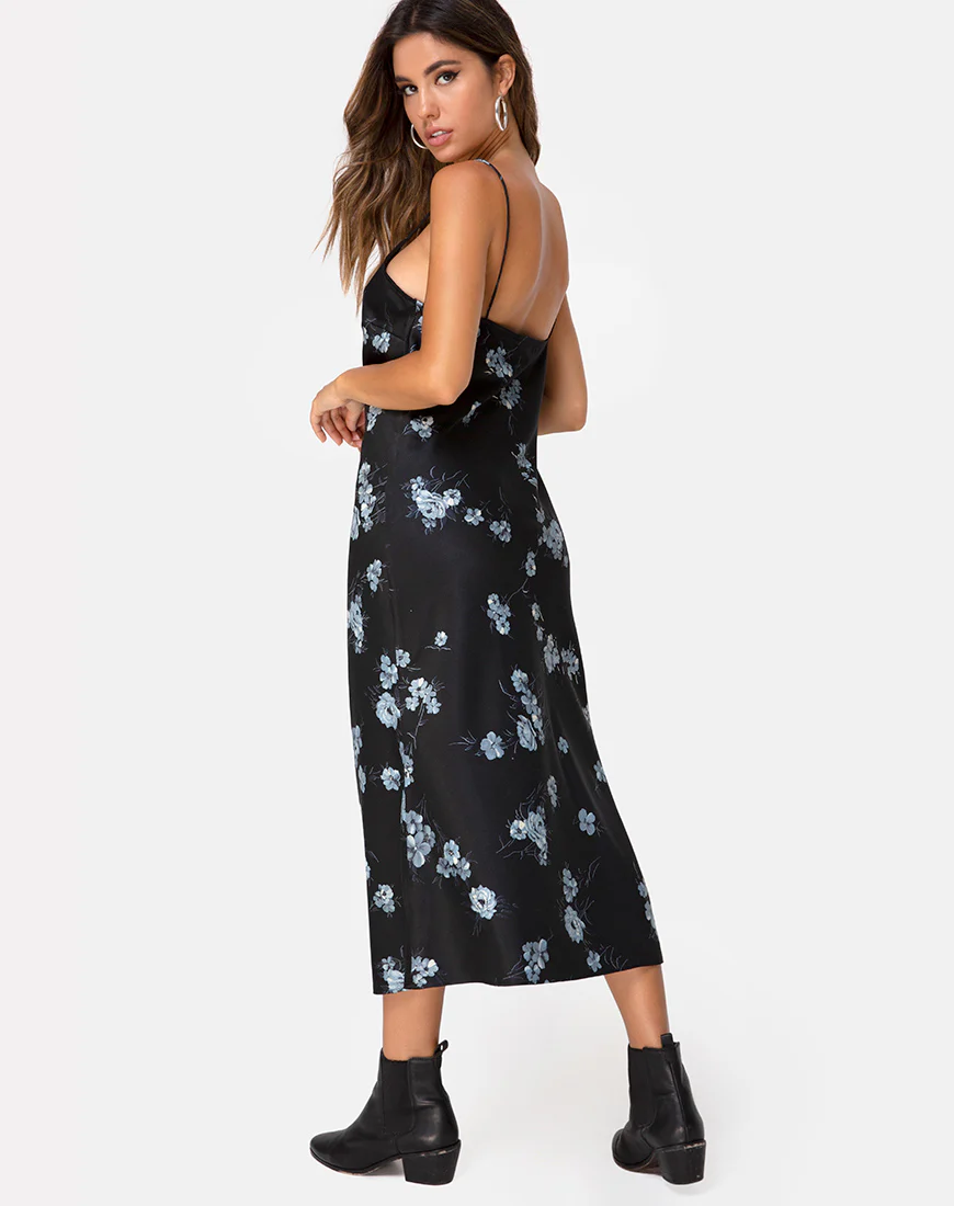 Julia Maxi Dress in Mono Flower Black Satin - Image 2